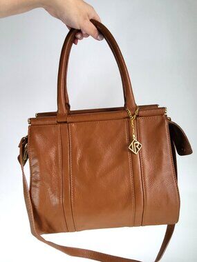 Classic Brown Leather Tote Handbag with Gold Charm